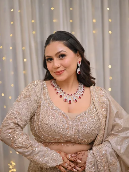 She said yes to renting. A client looking absolutely stunning on her engagement day in our rental lehenga and jewelry set.