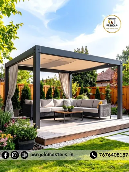 Elegance in simplicity. This rafter pergola with a fabric canopy offers adjustable shade and a softer aesthetic. The flowing curtains add a touch of resort-style luxury, perfect for a tranquil garden escape.