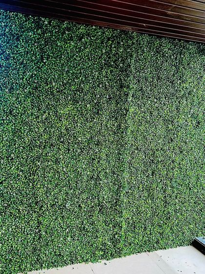 A simple yet effective full-wall installation. The uniform green texture provides a clean and modern backdrop that adds life to the room without being distracting.