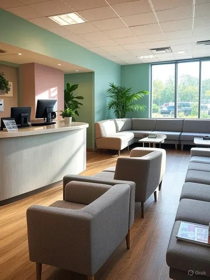 This clinic reception uses a refreshing color palette of pastel pink and mint green. The space is filled with natural light and features plenty of comfortable seating for patients.