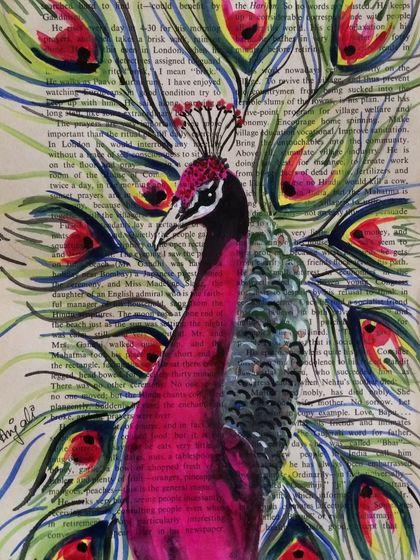 A vibrant peacock painted over a page of text. The contrast between the colorful bird and the black-and-white text makes the peacock's feathers stand out dramatically.