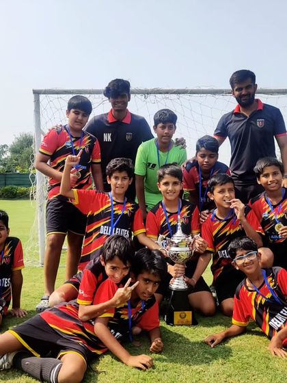 The U-13 team posing with their runners-up trophy from the Gurgaon Youth League Silver Cup.
