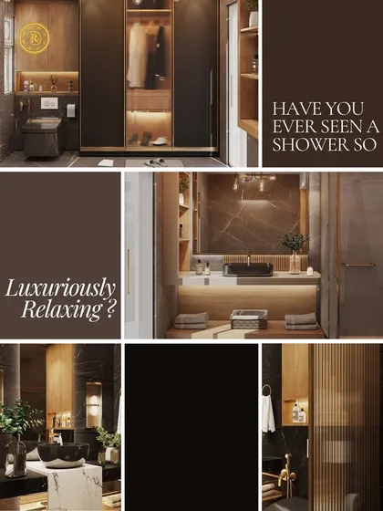 This bathroom is designed as a personal spa, blending rich, dark marble with warm wood tones and integrated lighting. The collage shows different angles, from the walk-in closet to the vessel sink and shower area, highlighting how I use texture and light to create a space that is both luxuriously relaxing and highly functional.
