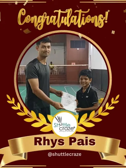 A congratulatory graphic for Rhys Pais, who won the U14 BS title in a thrilling final against his twin brother, Liam.