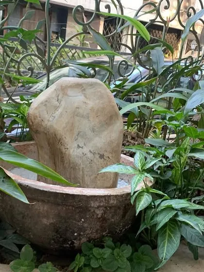 Here is a natural stone water fountain I installed, nestled among lush green plants. My goal is always to make these features look like they are a natural part of the landscape. The gentle sound of water creates an incredibly peaceful atmosphere in any garden.