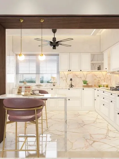 A bright, open-plan kitchen in a Tata Primanti apartment, Gurgaon. This design integrates a breakfast bar with custom wood shelving, showcasing our focus on creating functional yet beautiful kitchen spaces with smart storage and high-quality finishes.