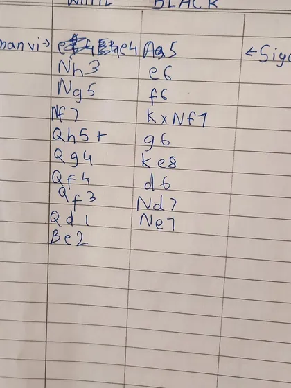 A scoresheet showing chess notation from a game between two students. Learning to record moves is a crucial skill for serious players, allowing for post game analysis with our coaches.