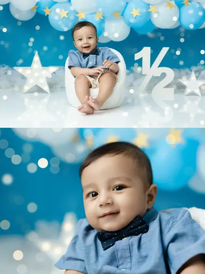 A collage showing two adorable expressions from the half-birthday shoot, one smiling and one a close-up portrait.