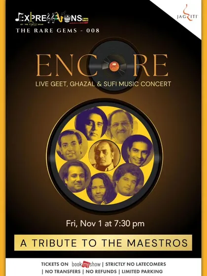 The poster for "Encore," a live Geet, Ghazal, and Sufi music concert paying tribute to the maestros of these genres.