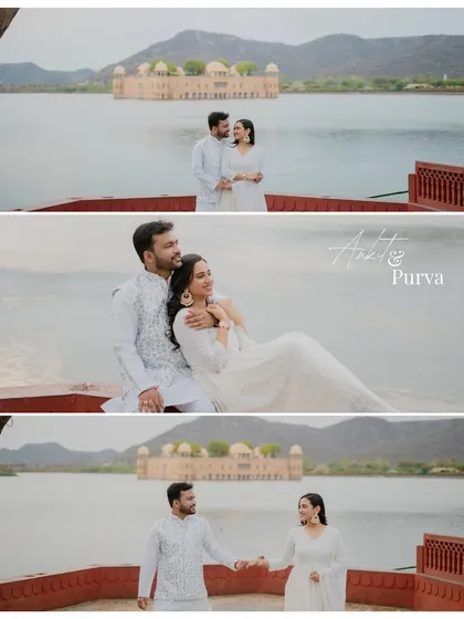Ankit and Purva in elegant white outfits at Jal Mahal. The soft, diffused light of an overcast day creates a dreamy and romantic atmosphere for their couple photoshoot.