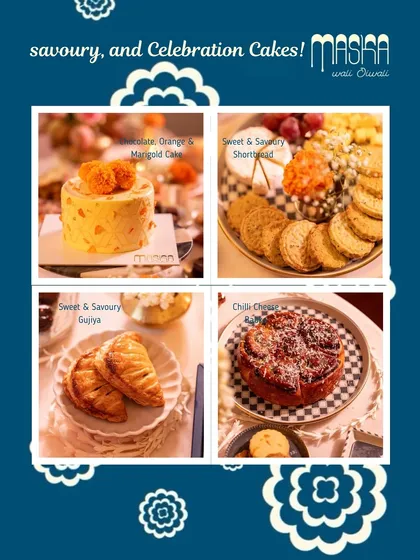 A collage showcasing the variety in our Diwali menu, from the Marigold Cake and shortbreads to gujiyas and our Chilli Cheese Babka.