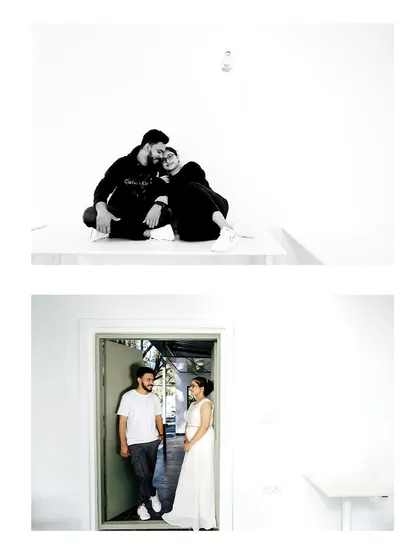 A collage of minimalist portraits, combining a sweet black and white shot with a simple, elegant pose in a doorway. This demonstrates versatility even in a simple setting.