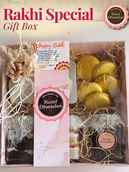 For Raksha Bandhan, I create these special gift boxes filled with a curated selection of sweets. This hamper includes jar desserts, assorted chocolates, and a beautiful Rakhi, all elegantly packaged to celebrate the sibling bond.