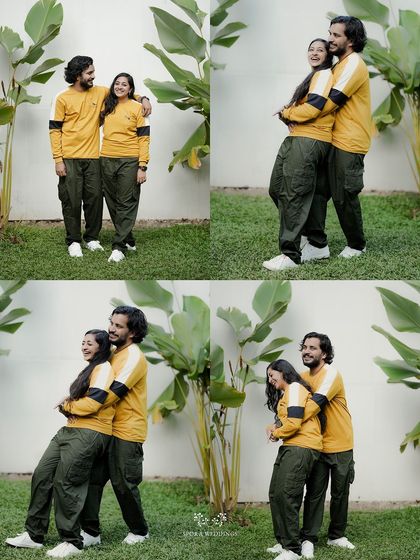 A collage of the couple in matching outfits, capturing their playful and loving poses in a garden setting.