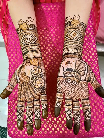 Celebrating a new life with a special baby shower mehendi. This design is full of joy, featuring a mother-to-be, a baby in a pram, and "It's a Girl" text, making it a beautiful and personal way to mark the occasion.