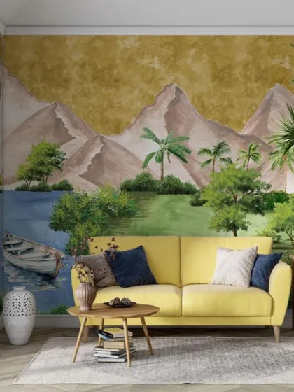Bring a scenic vacation view into your home with this landscape mural from the Prakriti collection. The design depicts a tranquil lake surrounded by mountains and palm trees, perfectly complementing the bright yellow sofa.