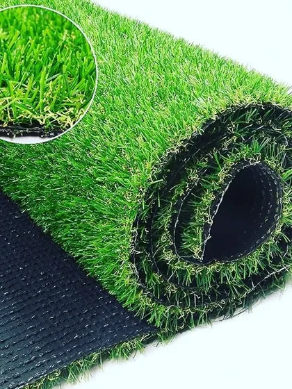 A close up view of a popular 25mm artificial grass roll. The magnified section shows the dense, multi-toned blades that give it a realistic look, while the durable backing ensures it lasts.