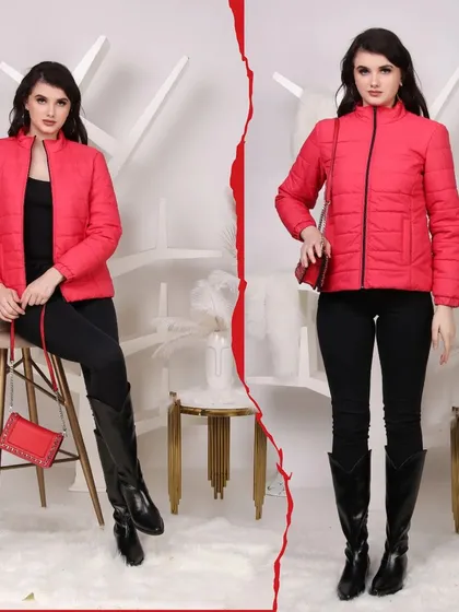 A split-panel image showing a model in a red puffer jacket in both seated and standing poses. This format is highly effective for lookbooks and online catalogs, displaying the garment's versatility.