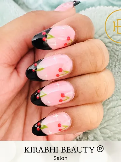 How cute is this hand-painted cherry nail art? I added this playful design to a modern French manicure, creating a sweet and unique look that’s perfect for summer.