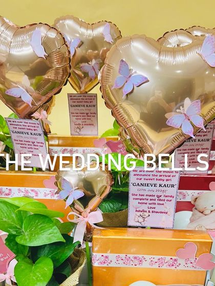 A close-up of the heart-shaped balloons with butterfly details, part of our elegant birth announcement hampers.