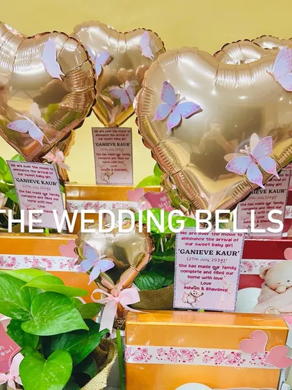 A close-up of the heart-shaped balloons with butterfly details, part of our elegant birth announcement hampers.