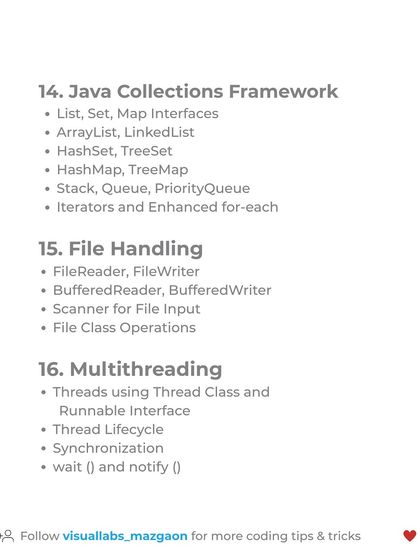The final section of the cheatsheet covers the Java Collections Framework in more detail, along with file handling and multithreading concepts.