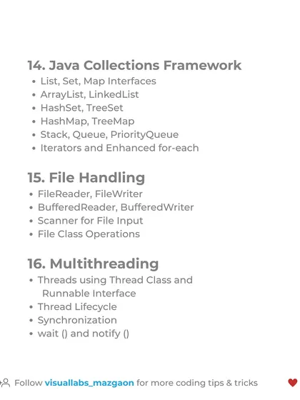 The final section of the cheatsheet covers the Java Collections Framework in more detail, along with file handling and multithreading concepts.