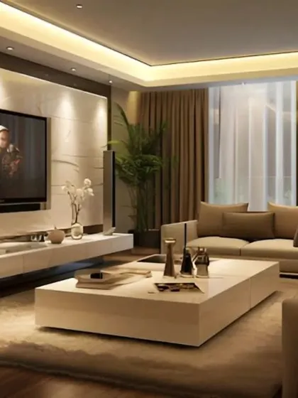A luxurious living room design with a neutral color palette, featuring a large sectional sofa and a floating white media console. Recessed ceiling lights and spotlights highlight the textured wall, creating a bright and spacious feel.