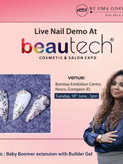 The poster for my specific live demo at the Beautech Expo, where I taught the Baby Boomer extension technique with Builder Gel.