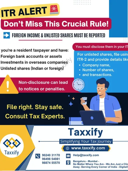 If you are a resident taxpayer with foreign bank accounts, overseas investments, or unlisted shares, you must disclose them in your ITR. Non-disclosure is a serious compliance issue that can lead to significant penalties. I have the expertise to handle these complex filings correctly.