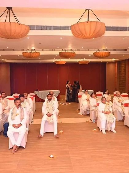 Participants seated in meditation during a session at our Puri Yatra.