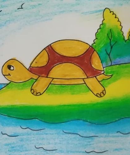 A happy turtle on an island, another wonderful creation from our young artists.
