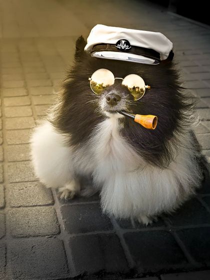 This dapper Pomeranian is transformed into a sea captain, complete with a hat, pipe, and sunglasses. This is a perfect example of how we can use props and AI to create a hilarious character portrait.