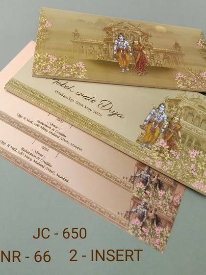 A lovely invitation featuring an illustration of Radha and Krishna in a garden setting. The soft colors and floral border make this a romantic and auspicious choice.