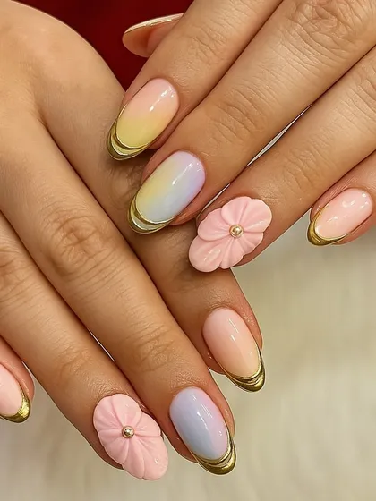 Soft pastels, gold swirls, and 3D florals give this set a dreamy elegance. I love combining different textures and effects, like the ombré base and sculpted flowers, to create a truly unique design.