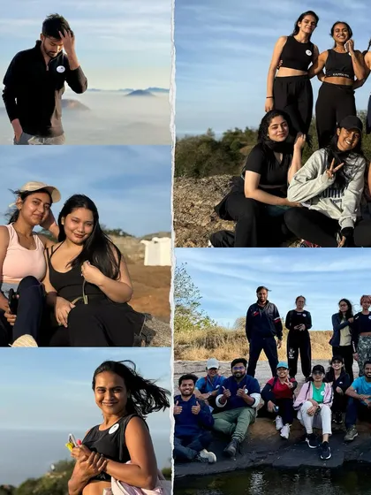 A collage of happy faces and group photos from our Kaiwara Betta sunrise trek.