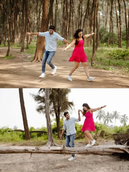 Balancing life, love, and laughter. This collage shows the couple's playful side, from jumping for joy in the woods to balancing on a log by the beach.