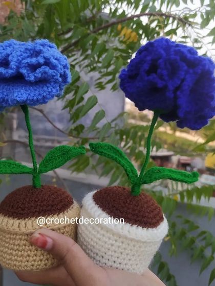 Two beautiful blue crochet carnation pots, one in a light blue and the other in a darker royal blue. These are great for bulk orders as return gifts.
