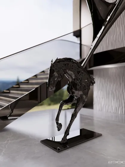 A close-up of the glossy black horse sculpture at the foot of the Meraki staircase. The sculpture's fluid, powerful lines echo the dynamic form of the staircase itself, creating a perfect pairing of art and architecture.