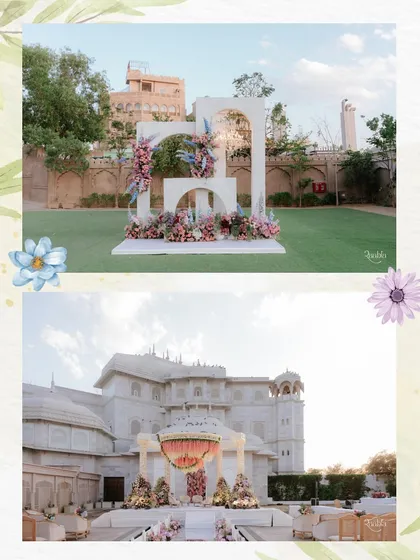 A collage showing the stunning decor elements from a royal Jaipur wedding, including a modern floral arch and a grand, traditional mandap.