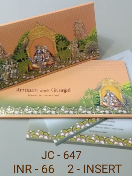 This card features a beautiful 3D illustration of Radha and Krishna in a forest grove. The design is rich in detail and color, making it a wonderful choice for a religious ceremony.