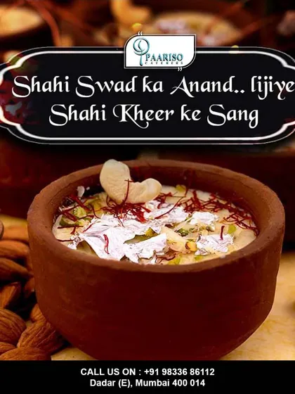 Our Shahi Kheer is a royal dessert perfect for concluding a festive meal. It is slow-cooked with fragrant rice, milk, and saffron, then garnished with pistachios, almonds, and edible silver leaf for a truly luxurious treat.