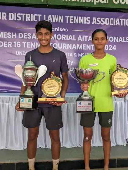 The singles winners of the boys' and girls' categories at the U16 AITA Nationals, with Tavish representing my academy.