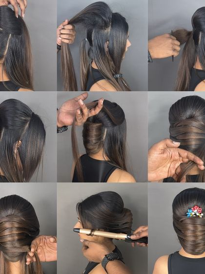 A collage showing the step-by-step process of creating an advanced French bun. This is a great reference for practicing the technique.