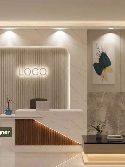 A great reception area sets the tone for the entire office. In this 3D render, I designed a bright and professional reception with a backlit logo, a stylish marble and wood desk, and comfortable waiting area seating. It’s a design that is both welcoming and impressive.