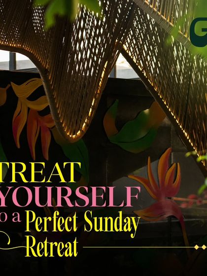 A detail of our nature-inspired interior decor. The floral mural and woven ceiling create a perfect retreat for a Sunday afternoon.