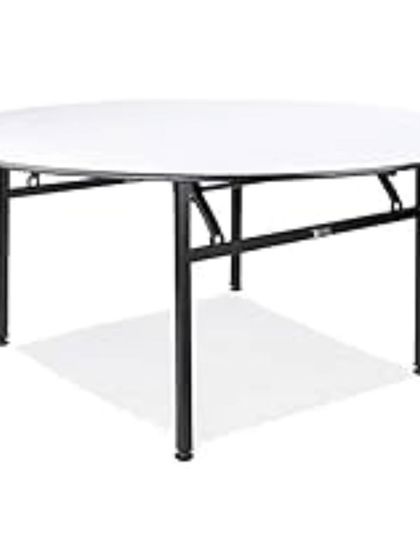 This round folding banquet table is a staple for any event hall. It features a durable top and a sturdy, collapsible metal frame for easy transport and setup.