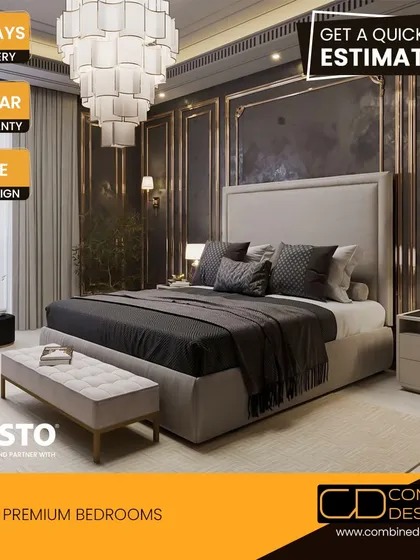 A luxurious premium bedroom with dark, paneled walls, gold accents, and a statement chandelier.