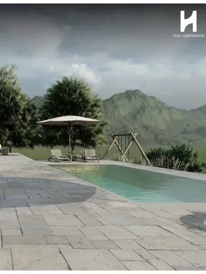 A render of the pool area for the Byrapura project, overlooking the mountains. My designs always aim to take full advantage of the natural beauty of the site.