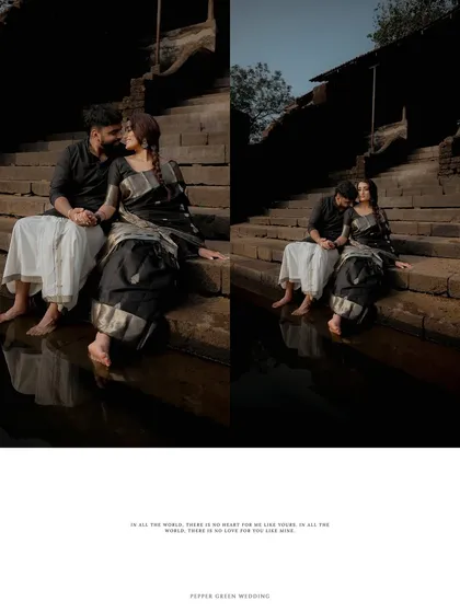 Seated on the steps of a temple pond, this couple's pre-wedding moment feels both timeless and deeply personal, with their reflections in the dark water.